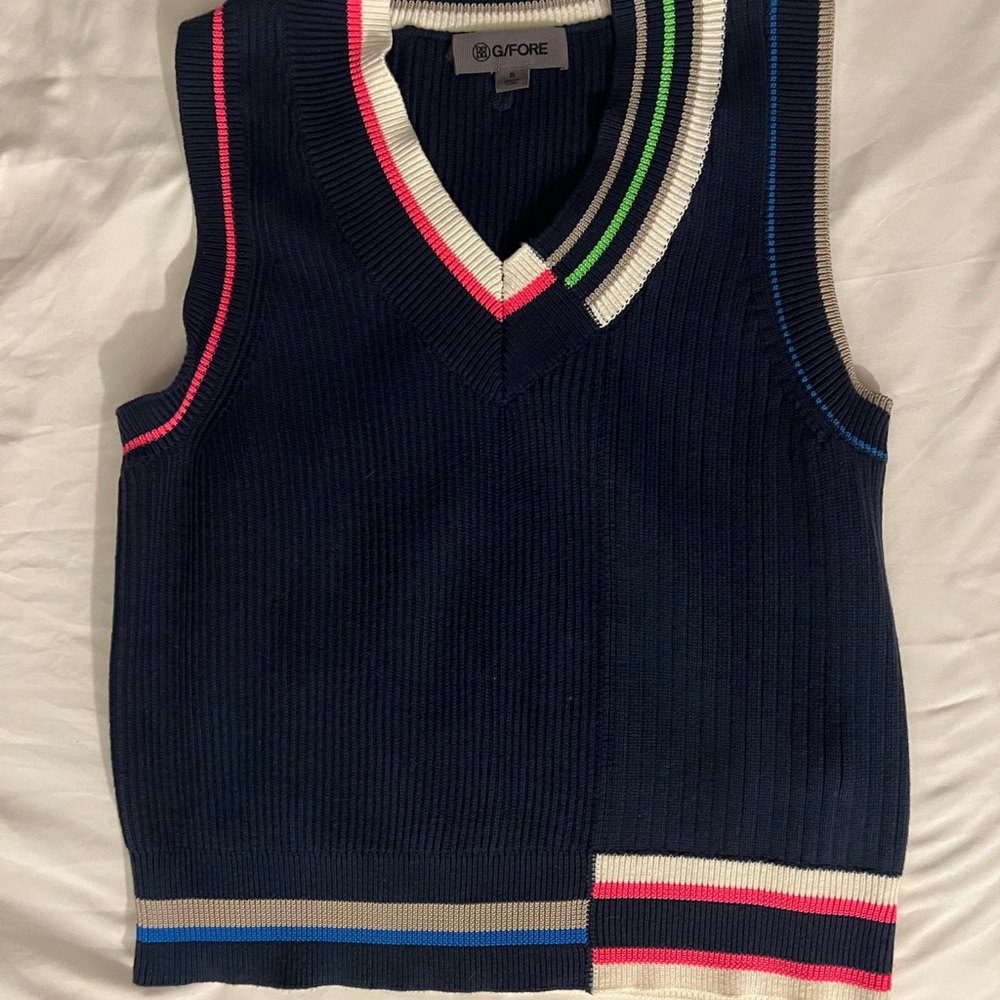 G/FORE Navy V-Neck Sweater Vest with Multicolor Stripes